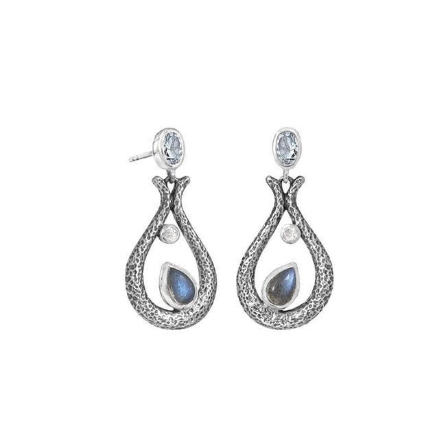 Rabinovich Unity sølvøreringe med dråbeformet labradorit, oval sky blue topas og rund hvid topas.