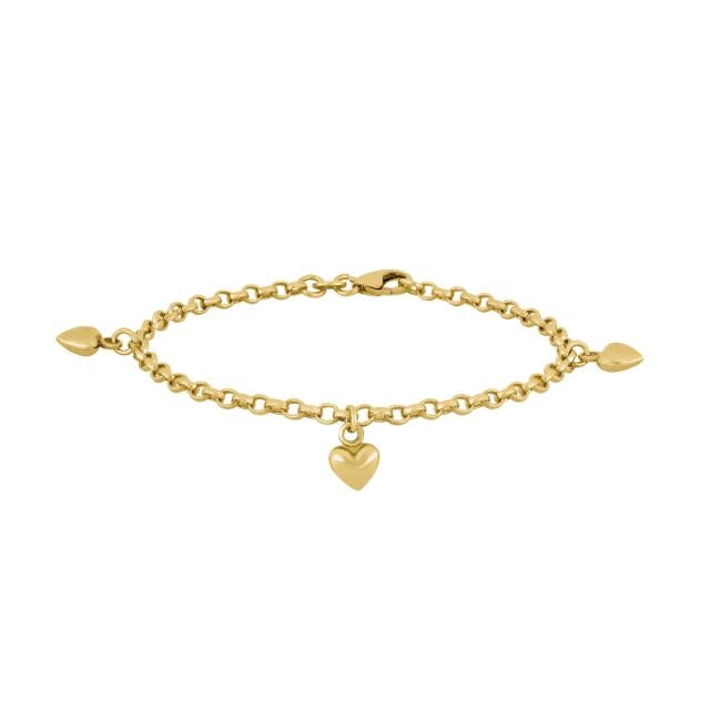 NOA Kids børnearmbånd fra Nordahl Andersen i 18 karat forgyldt sølv med tre hjertevedhæng.