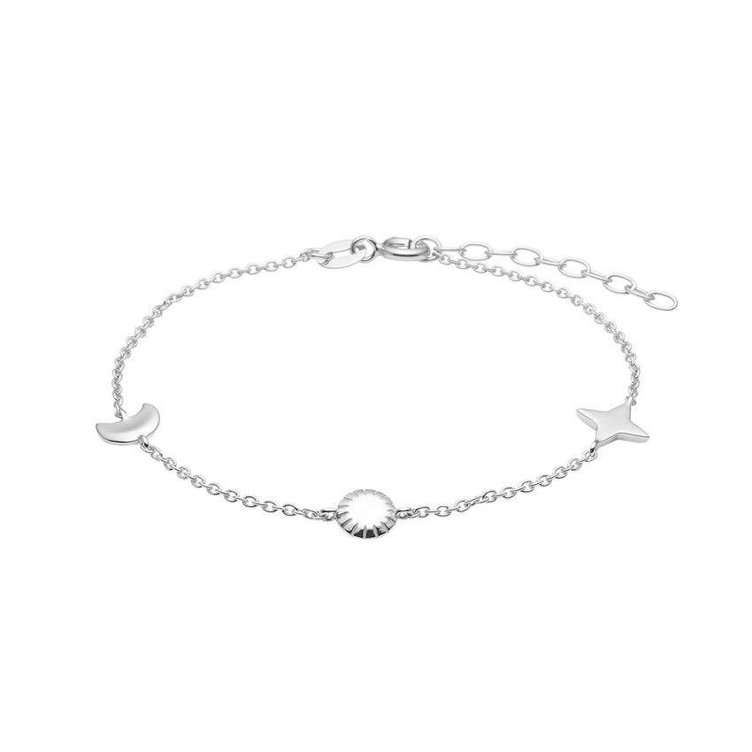 UNIVERSE52 armbånd fra Nordahl Andersen i rhodineret sterlingsølv med måne, sol og stjerne – justerbar længde 17–20 cm.