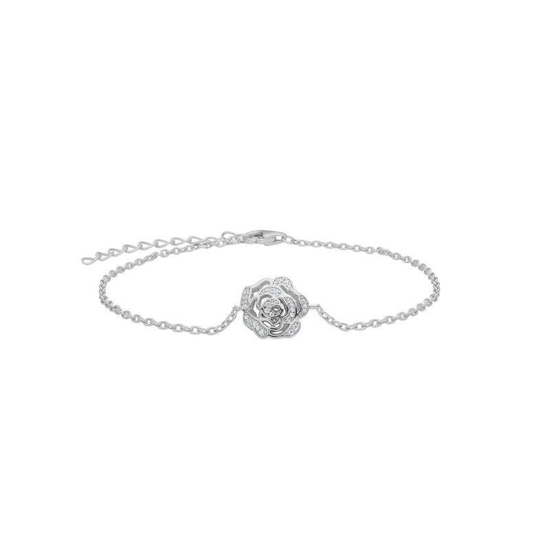 JoanliNor Sandranor armbånd i rhodineret sølv med rosé roset vedhæng og klare zirkonia 17–20 cm.
