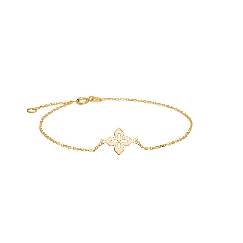 Siersbøl armbånd i 8 karat guld med filigran blomst i midten – justerbar længde 17–19 cm.