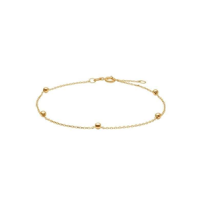 Siersbøl armbånd i 8 karat guld med 5 små polerede guldkugler på fin kæde.
