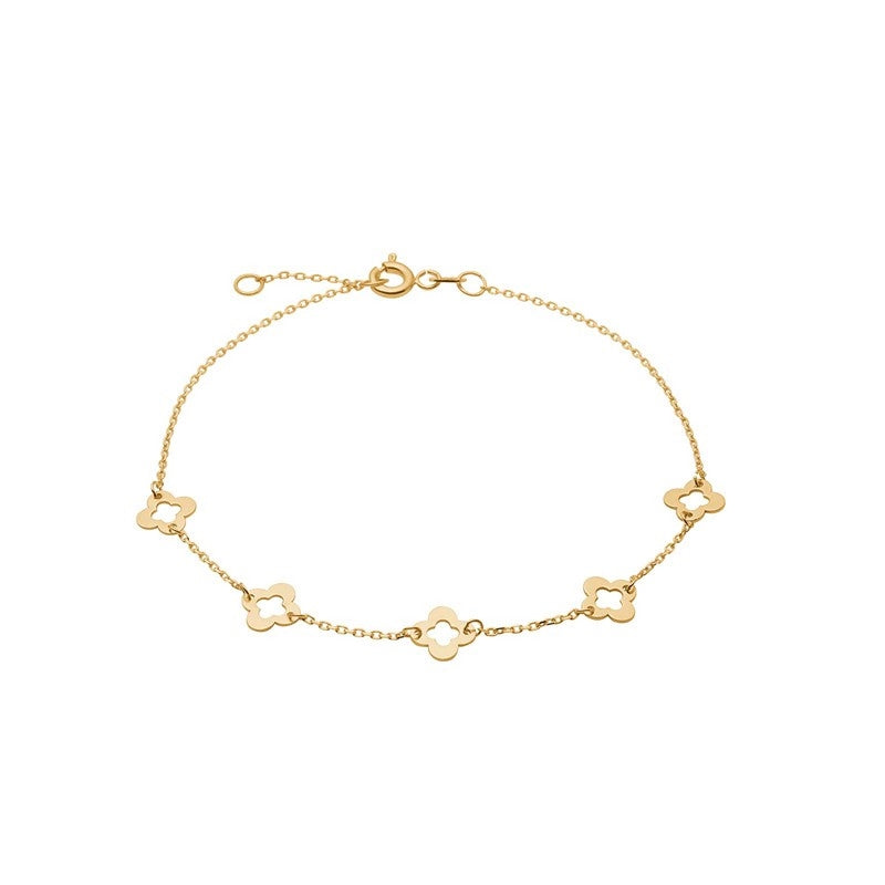 Siersbøl armbånd i 8 karat guld med kløvermønstre, justerbar længde 17–19 cm.