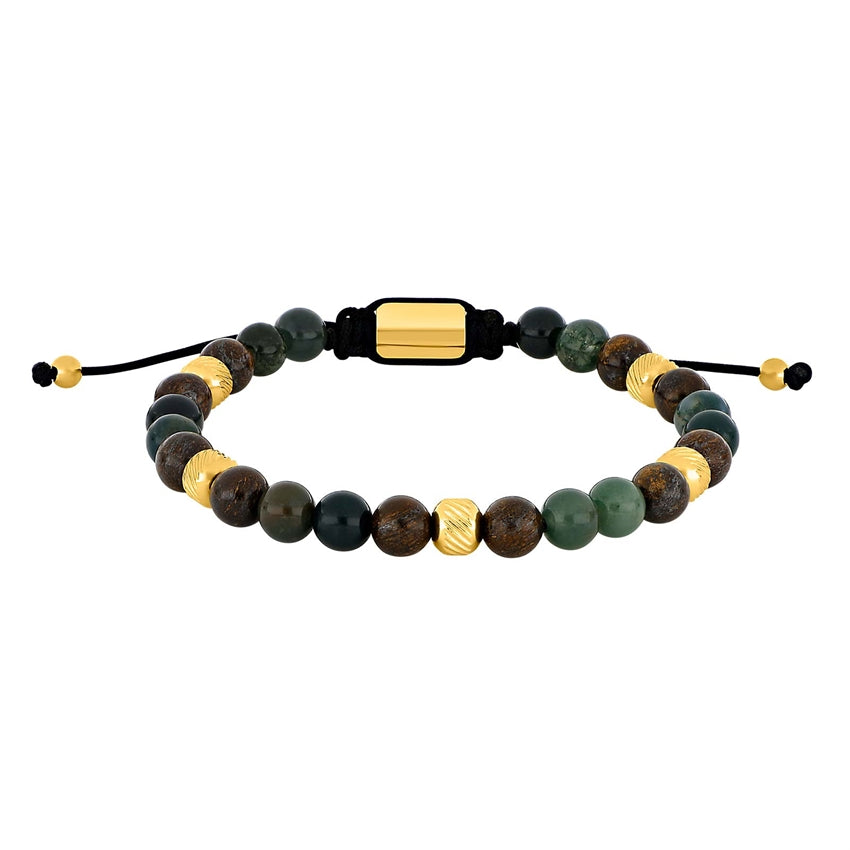 Son of Noa herrearmbånd fra Nordahl Andersen i IP forgyldt stål med mosagat og bronzitit perler, justerbart 19–25 cm.