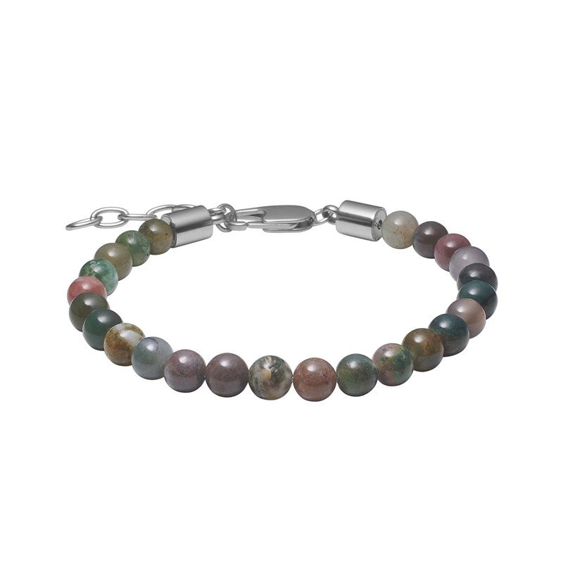 Son of Noa perlearmbånd i indian agate fra Nordahl Andersen med multifarvede 6 mm natursten og rustfri ståldetaljer, justerbar 19–23 cm.