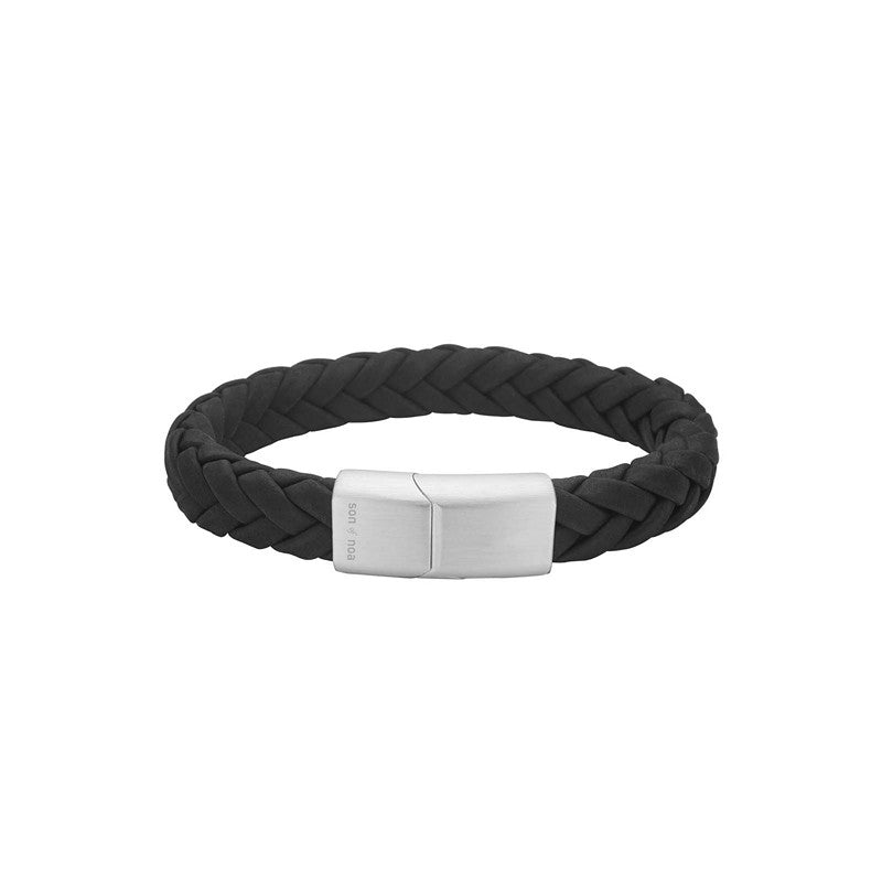 Son of Noa armbånd fra Nordahl Andersen i flettet sort kalveskind med mat rustfri stållås, 19–23 cm.
