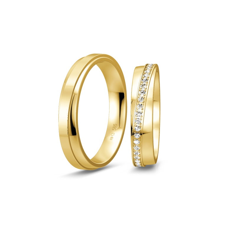 Breuning Renaissance vielsesring i 8 eller 14 karat guld med 45 diamanter og 4 mm bredde – klassisk og elegant design.