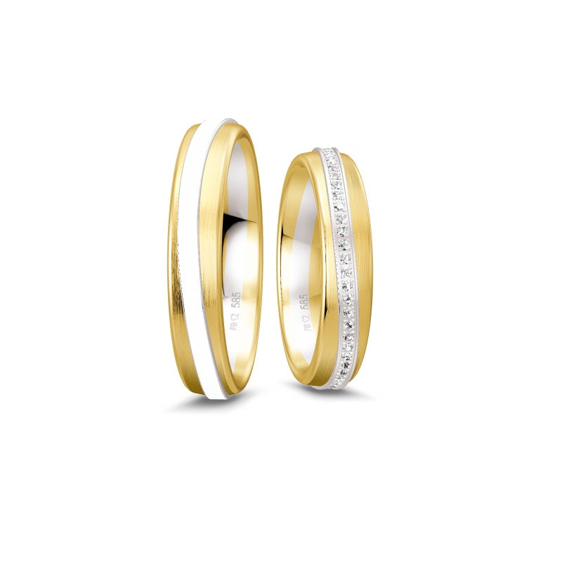 Tofarvet Breuning Renaissance vielsesringe i 9 eller 14 karat guld med 58 diamanter, 0,319 ct – kombination af guld og hvidguld.