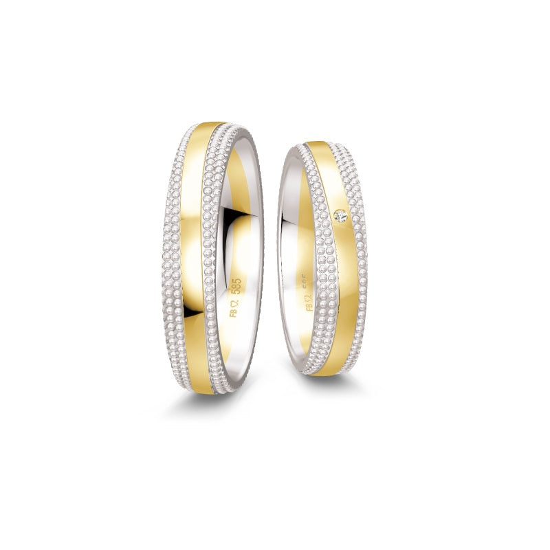 Tofarvet Breuning Renaissance vielsesring i 9 eller 14 karat guld med 0,01 ct diamant – vielsesring i guld og hvidguld med diskret diamant.