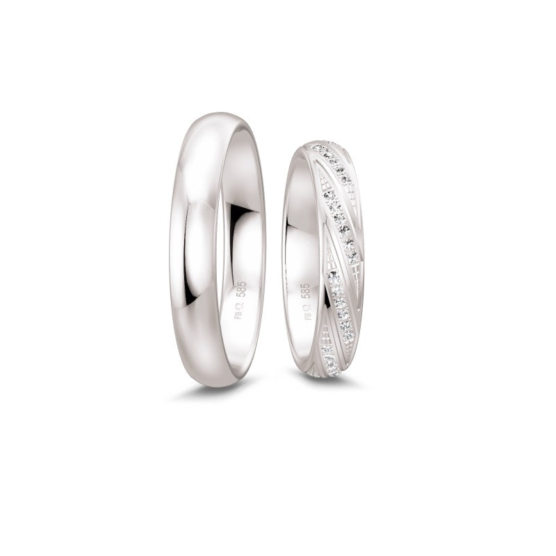 Breuning Renaissance vielsesringe i 9 eller 14 karat hvidguld, hvor den ene ring er glat og den anden med 54 diamanter i diagonalt mønster.