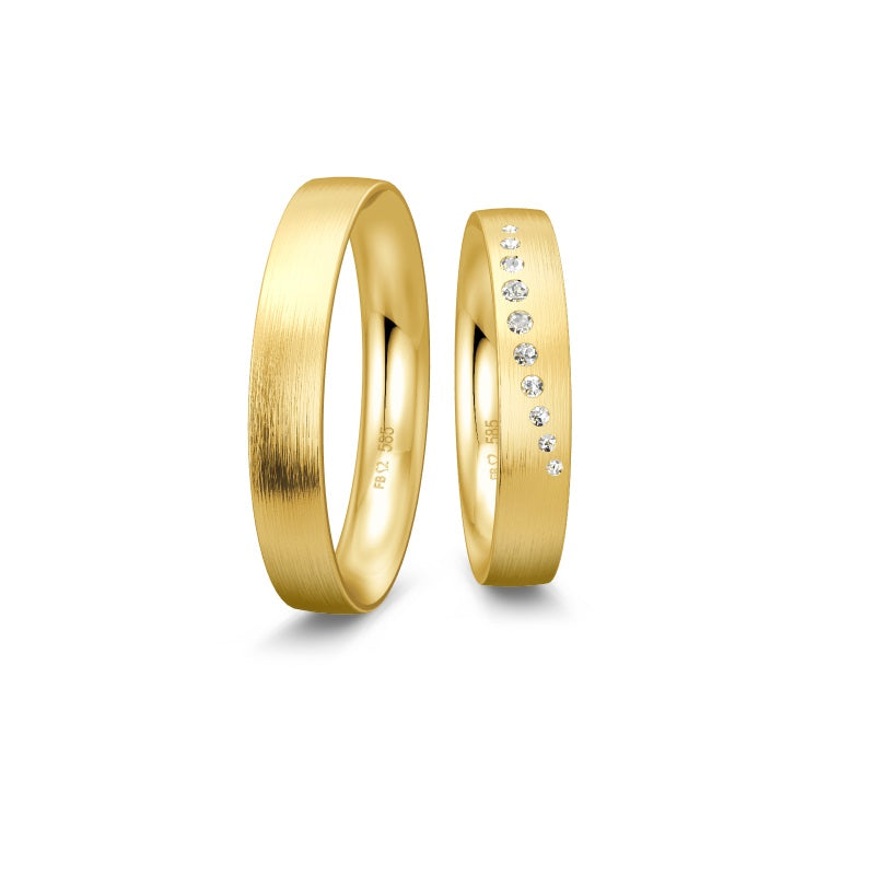 Breuning renaissance vielsesring i 8 eller 14 karat guld med 10 diamanter, mat og blank overflade.