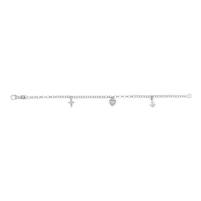 NOA Kids børnearmbånd i rhodineret sølv med hjerte, anker og kors 15+2 cm