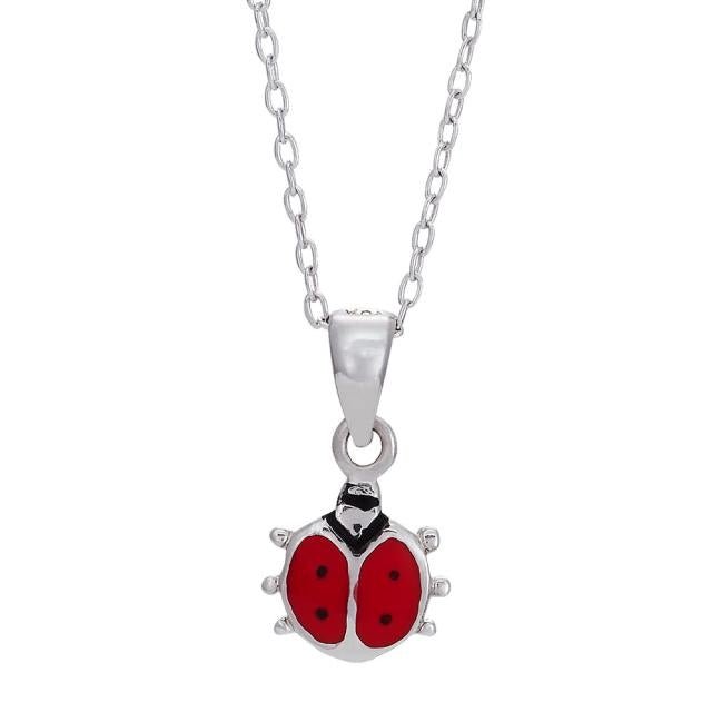 Mariehøne vedhæng i rhodineret 925 sterlingsølv med rød emalje og justerbar kæde 38–43 cm fra Nordahl Andersen NOA Kids Jewellery.