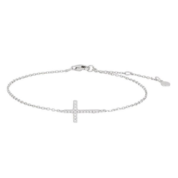 JoanliNor ALAINENOR armbånd i rhodineret sterling sølv med kors og kubiske zirkonia, justerbart 17–19 cm.