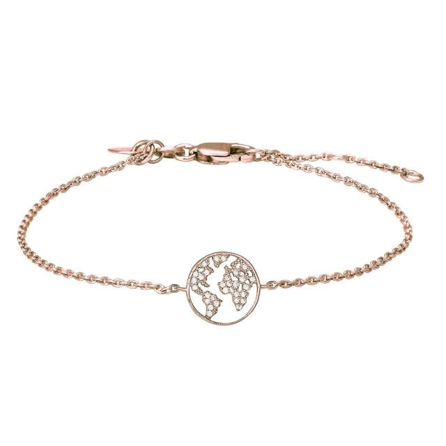 JoanliNor EttaNor armbånd i rosa forgyldt sølv med “Verden”-vedhæng og klare zirkonia.