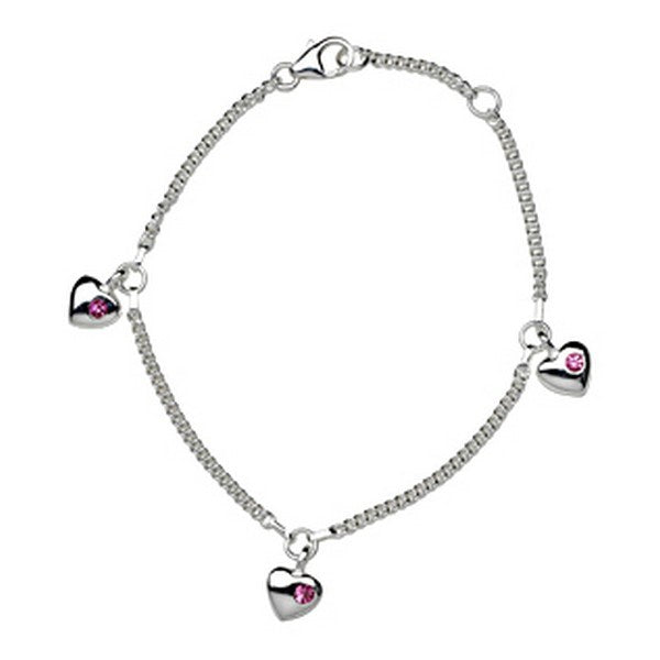 Nordahl Andersen børnearmbånd i sølv med 3 hjerter og pink zirkoner 15+2 cm