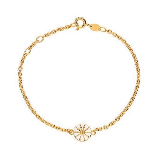 Lund Copenhagen marguerit armbånd i 24 karat forgyldt sølv med hvid emalje, 9 mm.