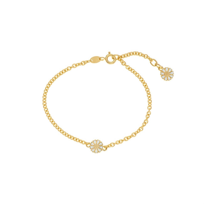 Marguerit armbånd i 24 kt forgyldt sølv med hvid emalje fra Lund Copenhagen – justerbart 17–19 cm.