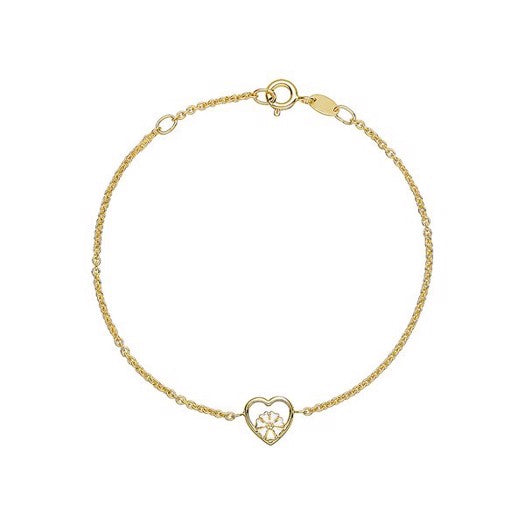 Marguerit armbånd i 24 kt forgyldt sølv med hvid emalje og hjertevedhæng fra Lund Copenhagen, justerbar 17–19 cm.