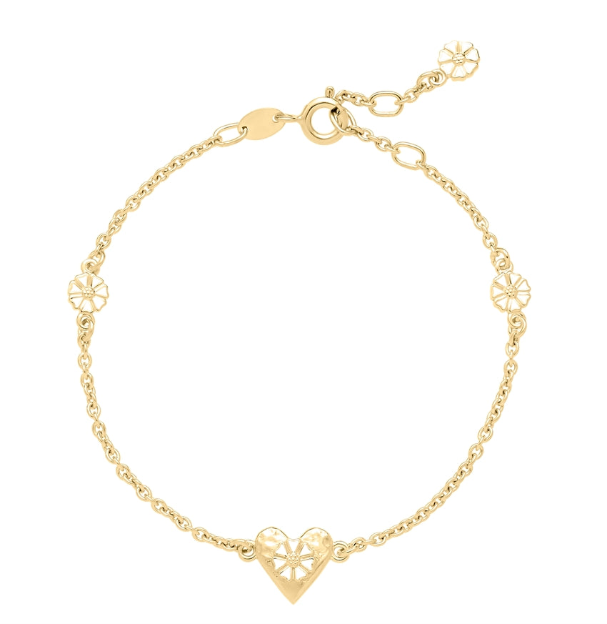 Lund Copenhagen Marguerit armbånd i 24 karat forgyldt sterlingsølv med hjerte og margueritdetaljer.