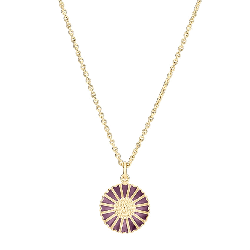 Lund Copenhagen marguerit halskæde i 24 karat forgyldt sterlingsølv med lilla emalje, justerbar 45–48 cm.