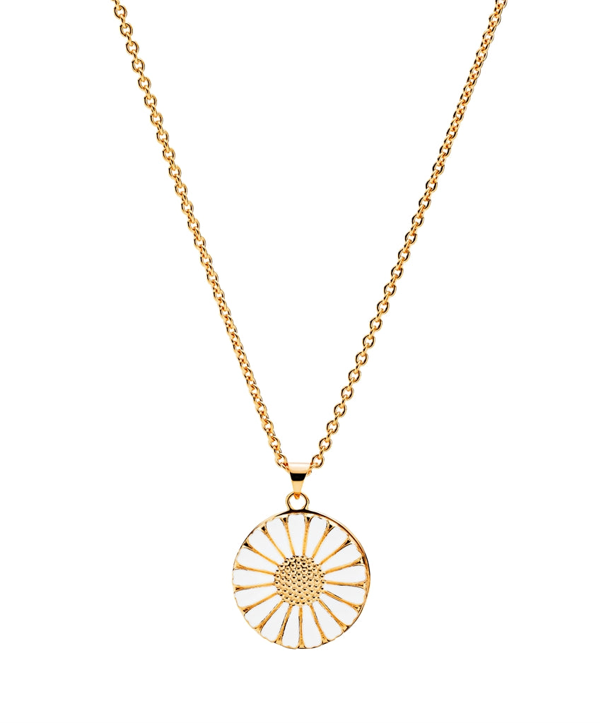 Lund Copenhagen margueritcollier i 24 karat forgyldt sterlingsølv med hvid emalje og justerbar kæde 45–48 cm.