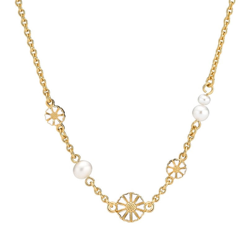 Perlehalskæde i 24 kt forgyldt sølv med margueritter og hvid emalje – Lund Copenhagen