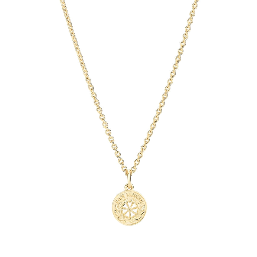 Lund Copenhagen marguerit halskæde i 925 sterlingsølv med 24 karat forgyldning og rund medaljon med marguerit og “Best Friends” tekst, 45–48 cm.