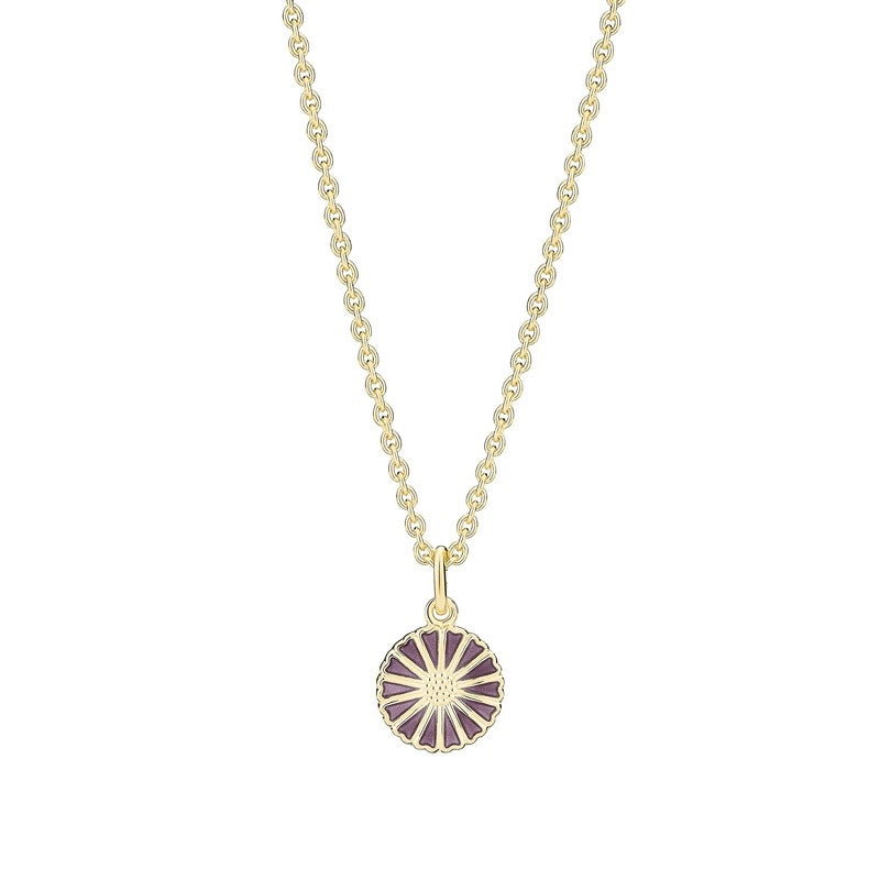 Lund Copenhagen marguerit halskæde i 24 kt forgyldt sølv med lilla emalje og justerbar kædelængde 45–48 cm.