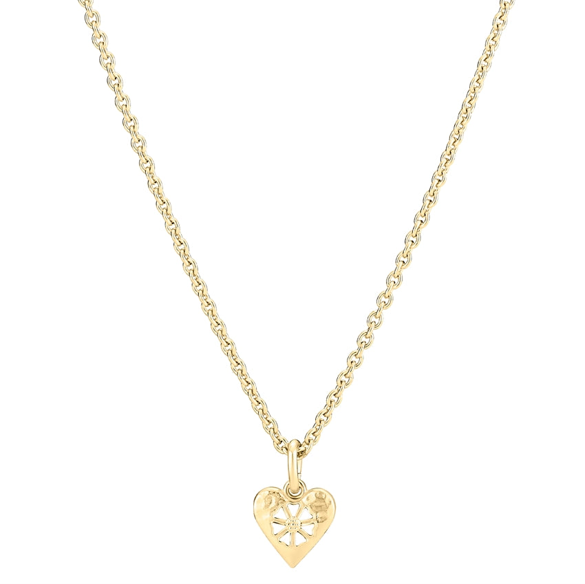 Lund Copenhagen marguerit halskæde i 24 karat forgyldt sterlingsølv med hjerte og hvid emalje, justerbar 45–48 cm.