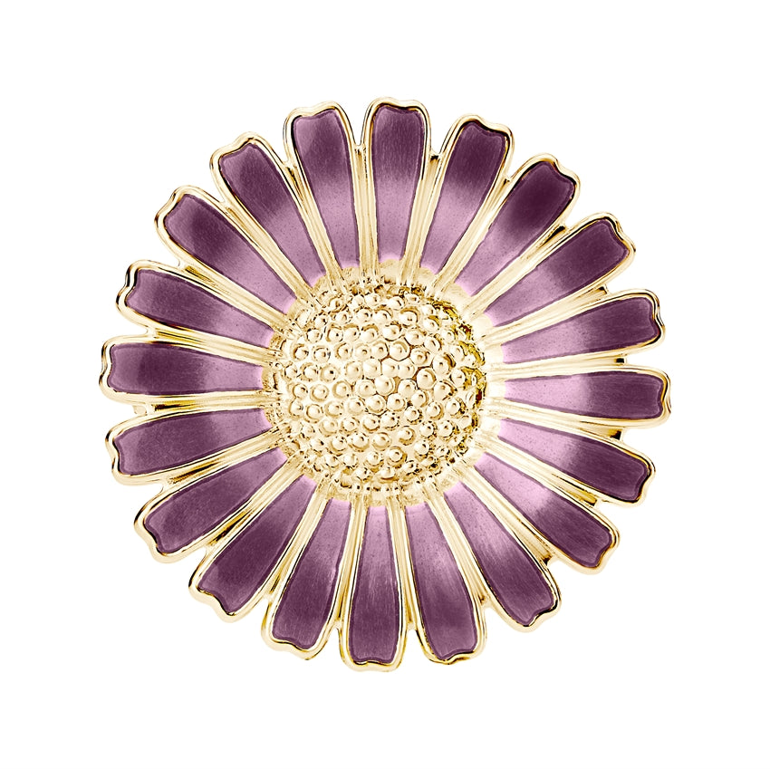 Lund Copenhagen marguerit broche i 925 sterlingsølv med 24 karat forgyldning og lilla emalje, 36 mm.