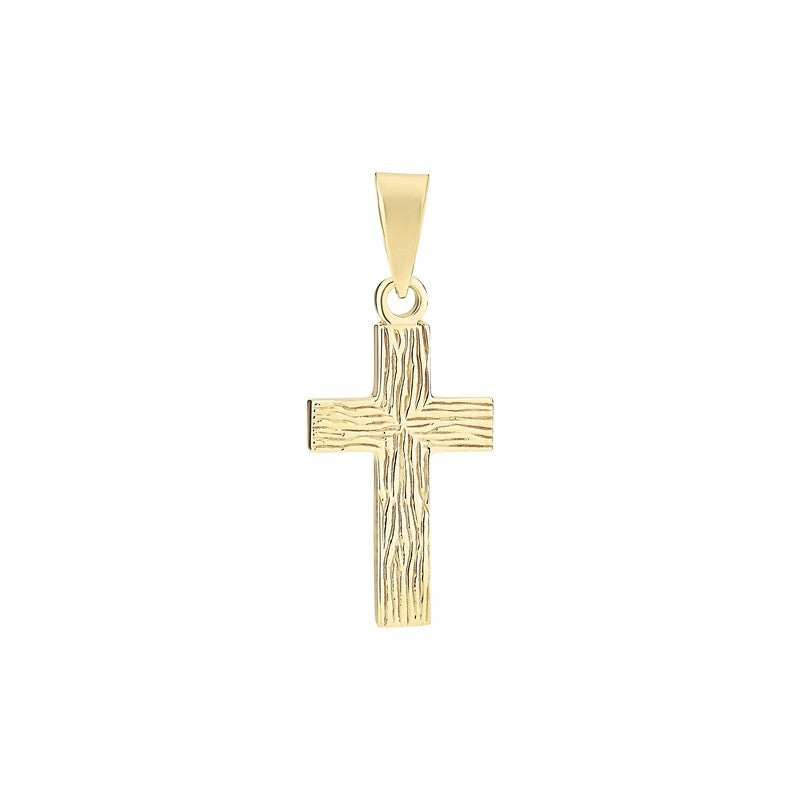 Lund Copenhagen korsvedhæng i 24 karat forgyldt sølv med riflet træstruktur, 20x12 mm.