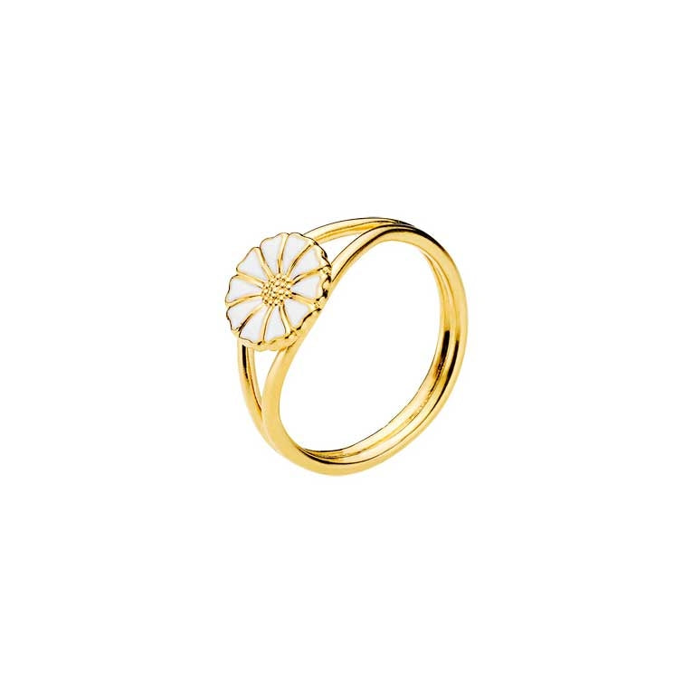 Lund Copenhagen marguerit ring i forgyldt sterlingsølv med 9 mm hvid emaljeblomst.