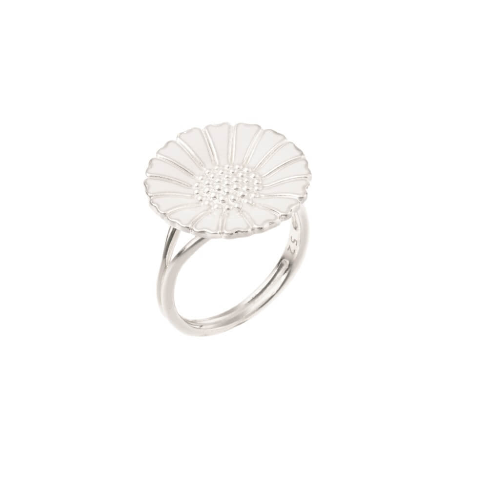 Lund Copenhagen Marguerit ring i sterlingsølv med hvid emalje og 18 mm blomsterformet top.