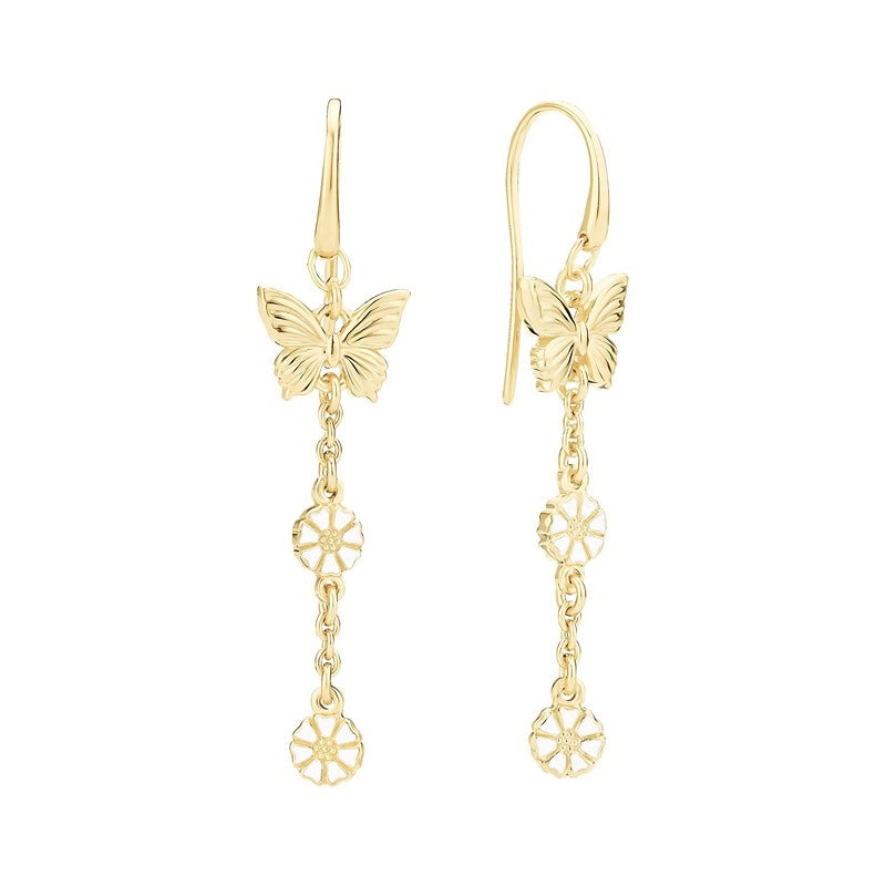 Marguerit kædeøreringe med sommerfugl i 24 karat forgyldt sølv og hvid emalje fra Lund Copenhagen.