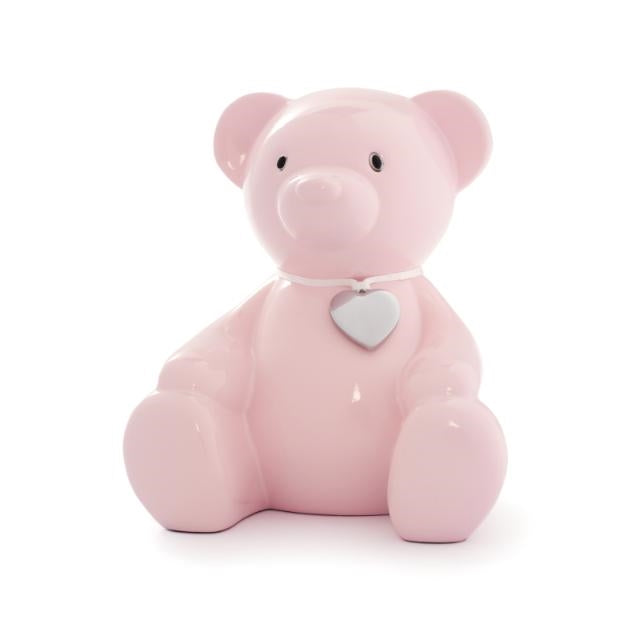 Lyserød bamse sparebøsse med graveringsplade fra Nordahl Andersen