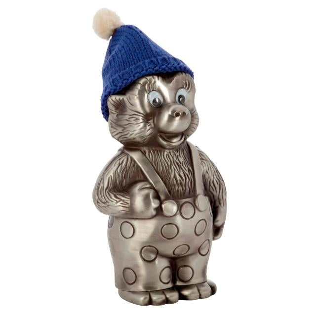 Rasmus Klump sparebøsse fra Nordahl Andersen i fortinnet med blå strikhue – børnevenlig dåbsgave.