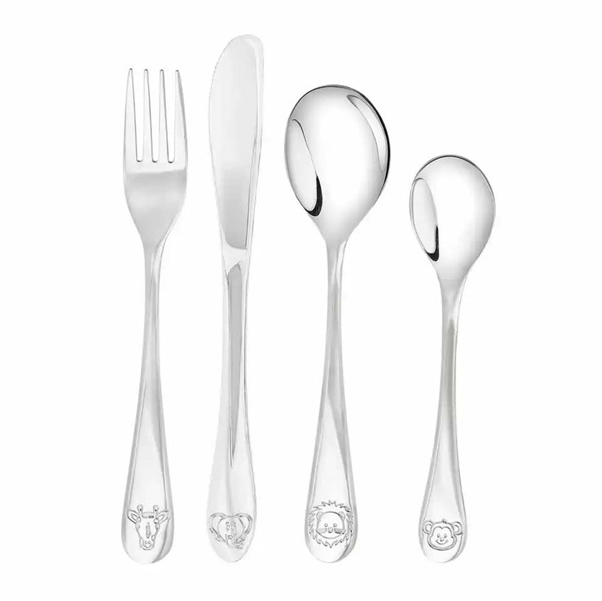 NOA Kids børnebestiksæt fra Nordahl Andersen i rustfrit stål med motiver af giraf, elefant, løve og abe.