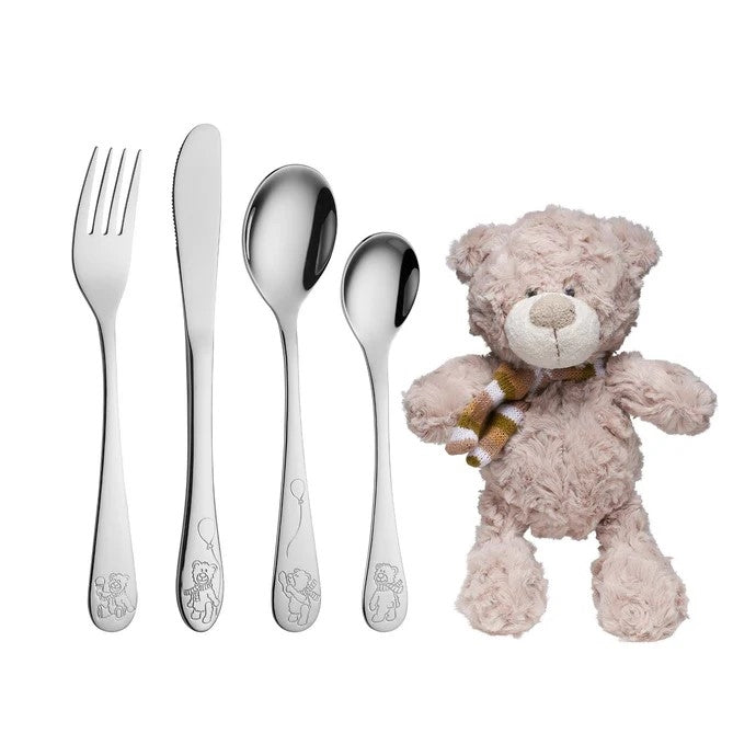 NOA Kids børnebestiksæt fra Nordahl Andersen i rustfrit stål med Teddy bamse – 4 dele.