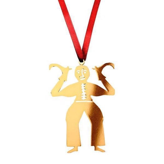 Papirklip juleophæng Mand med støvler fra Nordahl Andersen i forgyldt metal med rødt silkebånd 50 x 80 mm.