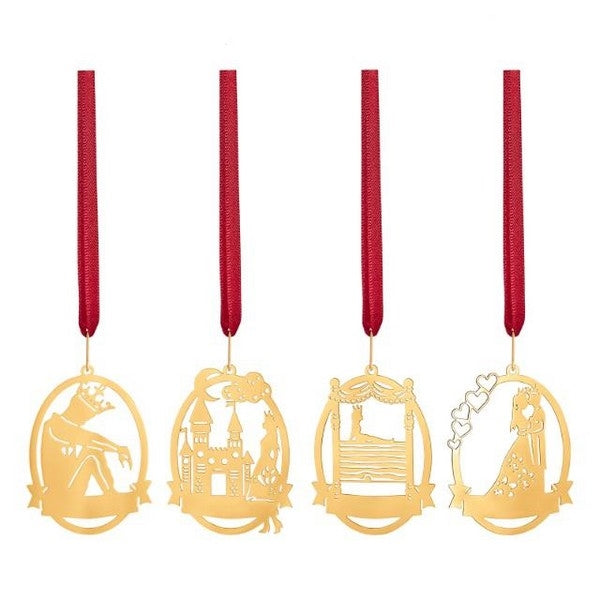 Prinsessen på ærten juleophæng (4 stk) fra Nordahl Andersen i 18 karat forgyldt messing – ovale dekorative ophæng med H.C. Andersen-motiver.