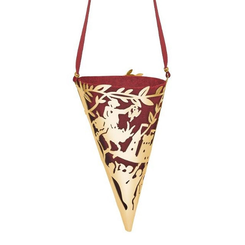 Kræmmerhus med Klods Hans fra Nordahl Andersen i 18 karat forgyldt messing med rødt filt og julemotiv, 10 cm.