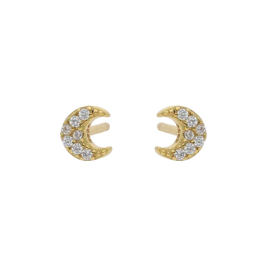 Moonie øreringe i 18 kt forgyldt sølv med hvide zirkonia i måneform fra Nuni Copenhagen.