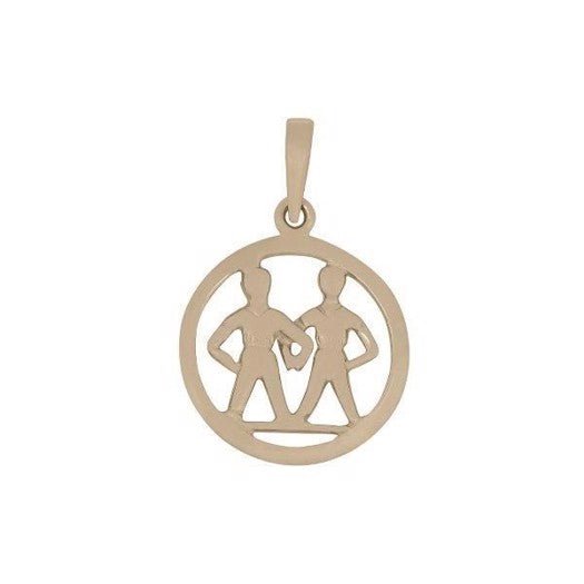 Siersbøl Tvillingen vedhæng i 8 eller 14 karat guld – rundt, blankt zodiakvedhæng med Tvillingen-symbol.