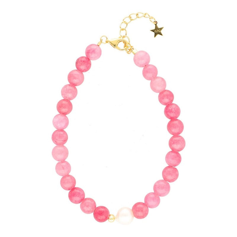 Florence armbånd i forgyldt sølv med pink jade og ferskvandsperle 16+3 cm fra Nuni Copenhagen