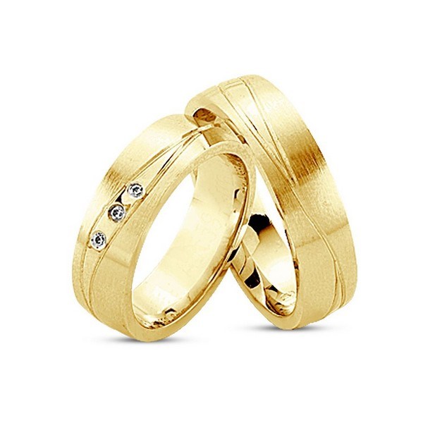 Særlige Nuran vielsesringe i 8 eller 14 karat guld med silkemat og blank finish, dameringen med 3 x 0,01 ct diamanter.