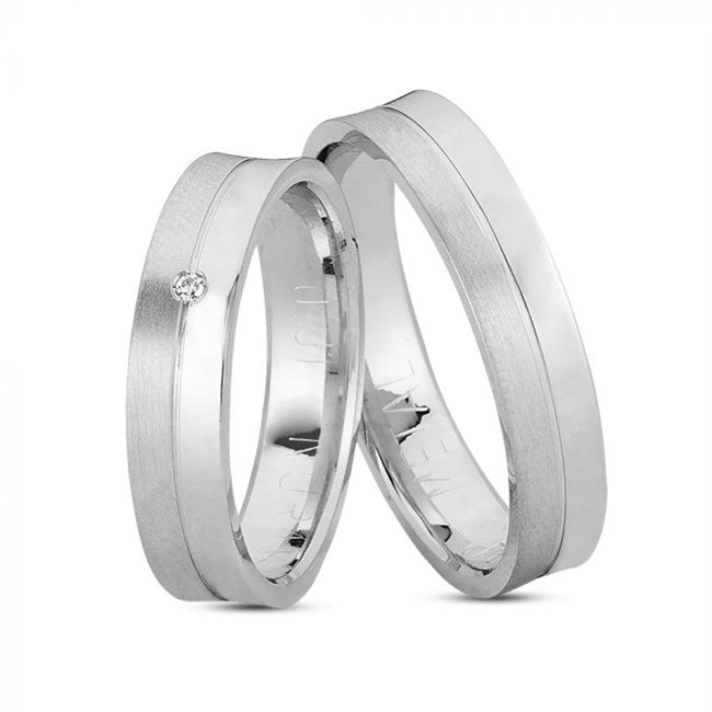 Smukke Nuran vielsesringe i 14 karat hvidguld med 0,01 ct diamant