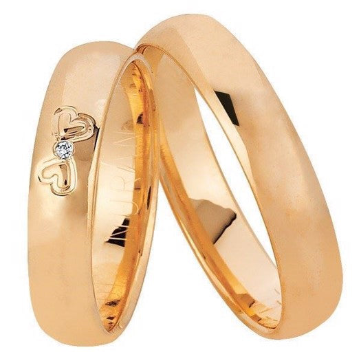 Unikke Nuran vielsesringe i 14 kt guld med to hjerter og 0,01 ct diamant