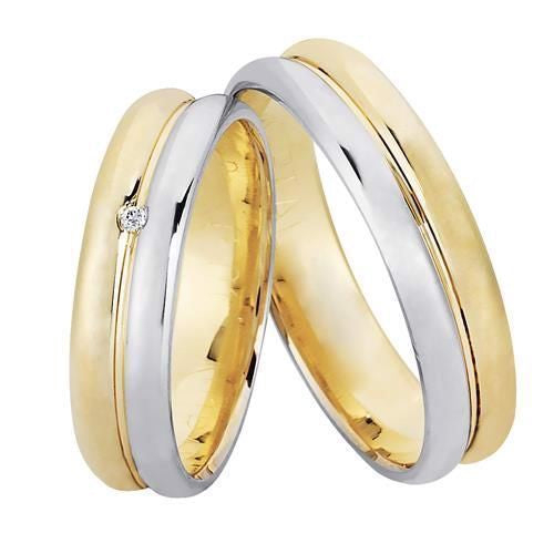 Elegant Nuran vielsesringe i 14 kt guld og hvidguld med 0,01 ct diamant – bredde 5,0 mm.
