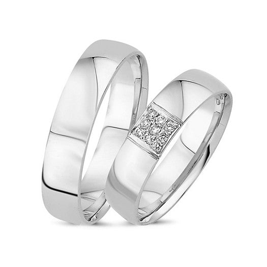 Nuran Smukt vielsesringe-sæt i 14 kt hvidguld med 0,09 ct diamanter og firkantet stenfatning.